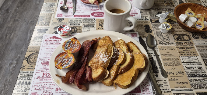 French toast and bacon with coffee at The Spot 2 Be Restaurant